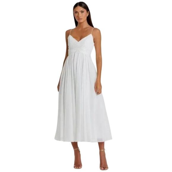 MAC DUGGAL Dress Size XS Evening Gown Faux Wrap Sleeveless Flowy Midi NEW White - Picture 1 of 7